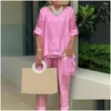 Women'S Two Piece Pants Womens 1 Set Round Neck T-Shirt Pure Color Work Outfit Drop Delivery Apparel Clothing Sets Otolq