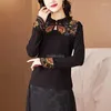 Ethnic Clothing 2024 Chinese Cheongsam Stand Collar Base Shirt Women's Style Retro Spring Slim T-shirt Embroidered Long Sleeve Top W253