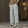 2024 Elastic loose straight jeans mens wide legged denim pants casual trousers Korean style Sportswear clothing 240323