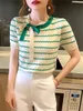 Summer Contrast Stripe Short sleeved Tshirt Womens Garden Neck Tie up Bow Knitted Shirt Top 5162 240403