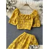 Vestidos de trabalho Summer Mulheres Amarelo/vermelho/branco Hollow Out Duas peças Conjunto de colarinho quadrado vintage Tops de manga curta alta cintura A Midi Dro dhqgv