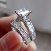 2PCS Wedding Rings Luxury Shiny Big Silver Color Princess Cut Wedding Ring Set for Women Men Engagement Band Eternity Couple Versatile Jewelry