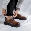 Casual Shoes Mens Business Office Formell klänning Lace-up Derby Shoe Black Brown äkta läderplattform Skodon Zapatos Hombre