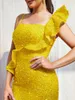 Robes décontractées Missord Jaune Sequin de mariage robe de fête de fête femme élégante one épaule volant bodycon sirène promotion de bal robe longue