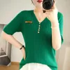 Women's T Shirts T-shirt Summer Worsted Sweater Short Sleeve Casual Solid Color V-Neck Ladies Tops Loose Blouse Pullover Tees Buttons