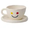 Mugs Handmade Matte Ceramic Coffee Cup With Saucer Set Face Irregular Milk Breakfast Tea Mug Plate Coffeeware