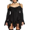 Casual Dresses Retro Milk Silk Patchwork Off The Shoulder Long Sleeved Irregular High Waisted Suspender With Ruffle Edge Dress