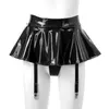 Urban Sexy Dresses Women Latex Patent Leather Pleated Skirts Black Mini Skirt Shorts Sexy Low Waist Micro Skirts Garter Belts Metal Clips Miniskirt 240403