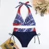 Damen-Bademode 2024 Badeanzug mit USA-Flagge, glitzernder rosafarbener Aufdruck, Kordelzug, geteilter Bikini