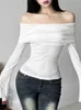 Y2K estetyczne kobiety półprzezroczystość koszulki Koszulki Slash szyja długie rękaw Solidne, swobodne koszulki Vintage Off Seksowne urocze tshirty 240325