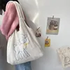 Sac à bandoulière en toile Beige pour femmes, fourre-tout mignon de dessin animé d'agneau, sacs à main simples à doublure, grande capacité pour les filles