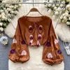 Женские блузки Boho Осенняя блузка для женщин вышивка O-образное с длинным слоем кружев