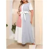 Plus Size Dresses Dress For Women 2022 Fashion Summer Short Sleeve Contrast Mticolor Elegant Belted Loose Maxi Long Drop Delivery Appa Dh1Y2