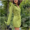 Basic casual jurken Turn Down Collar Green Women Shirt Club Party Lange Mouw Button Mini Dress Holiday 2022 Spring Streetwear Dro DH5MA