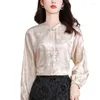 Etnische kleding 2024 Chinese dames korte top lente lange mouwen staande kraag button shirt printen elegante dagelijkse tangstijl blouse