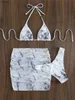 Women's Swimwear 3 Pieces Thong Bikini Set With Skirt Marble texture Bathing Suit Women Swimsuit Set Female Swimwear Beach Wear Swimming Summer Y240402