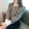 Damesblouses Vintage Zoet geruit overhemd Dames Koreaanse ruches Mock Kraag Lente Herfst Elegant Kantoor Werk Lange mouw Blouse F101