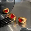 Band Rings Ins Retro Exaggerated Ruby Heart Ring Female Fashion Personality Bronze Tide Brand Hip-Hop All-Match Jewelry Gift Accessor Dhn9G
