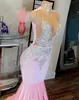 Pink Arabic Aso Ebi Mermaid Prom Dresses Stunning Crystals Rhinestones Sheer Neck Sexy Special Occasion Party Gowns Slim Fitted Plus Size Vestidos De Festa CL2168