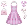 Movie roze jurk voor meisjes Halloween Carnival Barbi Princess Kostuum Plaid Mouwess Cosplay Party Outfit 210T 240321