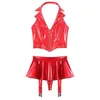 Urban Sexy Dresses Womens Sexy Lingerie Set Wet Look Patent Leather Halter Vest With Miniskirt Inbyggda Thongs strumpeklipp Pole Dancing Clubwear 2443