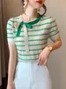 Summer Contrast Stripe Short sleeved Tshirt Womens Garden Neck Tie up Bow Knitted Shirt Top 5162 240403