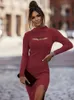 Femmes automne hiverntes tricotées longues midi robe solide bureau dame pullover bodycon slim manche sexy creux out pull 240403