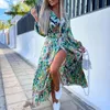 Casual 2024 Jurken Basic Boho Floral Print Long Jurk Women Sexy Deep V-Neck Sleeve High Split Swing met riem Elegant Beach Vestidos 230531