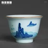 Cups Saucers Jingdezhen Embossing Guanshan Kuankou Tea Cup Pastel Hand-Painted Ceremony Shadow Green Glaze Master