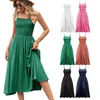 Vestidos casuais pescoço quadrado feminino A-line Pleated Color Solor Suspender Dress embrulhado no peito fino cintura longa