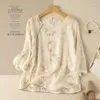 Women's Blouses YCMYUNYAN-Women's Chinese Style Summer Shirt Cotton Linen Vintage Embroidery Clothing Loose Short Sleeve Tops