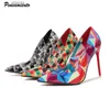 Elbise ayakkabıları moda geometri ekose basılı patent deri kadın pompalar zarif sivri uçlu stiletto yüksek topuklular bahar sonbahar ofis bayan ayakkabı h240403