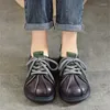 Chaussures décontractées johnature rond Toe en cuir réel rétro plat 2024 Couleur solide de printemps à lacets polyvalents pour femmes