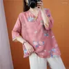 Blusas femininas estilo retro verão algodão linho impresso com decote em v botão acima versátil solto encaixe fino chiffon chinês topos