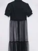 Casual Dresses Elegant Black Mesh Party Long Dress for Women 2024 Short Sleeve Patchwork Button Shirt Spring Summer Woman