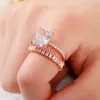 2pcs anéis de casamento huitan recém -projetado rosa de ouro rosa conjunto de cores para mulheres acessórios de festas de casamento de luxo com temperamento jóias femininas