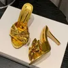 Dress Shoes Gold Silver Pointed Toe Women Slippers Fashion Design Butterfly-knot Thin High Heels Stripper Slides H240403