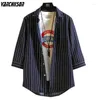 Herren -Casual -Shirts Herren Street Shirt Stripes Marine für Sommer 3/4 Ärmeln Polyester männliche Modekleidung 00519