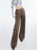 Pantalon Femme JRJL Faux Cuir Femmes Mode Vintage Taille Basse Lâche Large Jambe Chic Casual Do Old Droite Pleine Longueur
