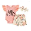 Kledingsets babymeisjes shorts outfits peuter geboren kinderbrief print mouw romper met bloemen- en heaband 3 pc's zomerset