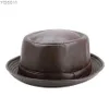 Weitkrempeln Hats Bucket New Fashion Mens Black Leder Trilby Hut Fedora Vintage Frauen Herbstmarke Porkpie Jazz YQ240403