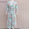 Dresses Basic Casual Boho Floral Print Long Dress Women Sexy Deep V-Neck Sleeve High Split Swing With Belt Elegant Beach Vestidos 230531