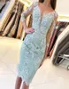 2021 Cocktail Dresses Three Quarter Sleeves Vneck Mint Green Elegant Party Gowns Lace Applique Beaded Short Vestido Coctel5039224