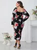 Plus taille d'été floral midi dres fleur imprimement corporelcones backless manches longues dames robes élégantes modis femme robe 2023 240408