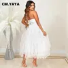 Casual Dresses CM. Women Sexy Party Maxi For 2024 Diamonds Rhinestones Strapless Big Swing Mesh Cascading Ruffles Long Dress