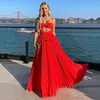 Party Dresses Red Beach Crumpled Chiffon Prom Spaghetti Strap Saudi Arabic Formal Evening Dress Cut-out Women Special Gowns