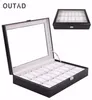 Outad casket 24 Boîte de montre de grille en verre noir en cuir noir boîtier de rangement Organisateur Holder Classical Pillow8142465