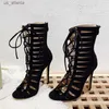 ドレスシューズliyke Summer Fashion Hollow Out Cross Tied Women Ankle Boots Sandals Gladiator Peep Toe Zip Thin High Heels Ladies BlackH240403Xl6W