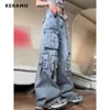 Jeans da donna stile grunge moda dritto vintage a vita alta pantaloni a figura intera retrò gamba larga tasche larghe pantaloni in denim