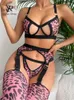 Bras Sets SINGREINY Fashion Leopard Erotic Underwear Hollow Out Skinny Shapewear Set Ladies Print Porno Sheer Lingerie 4 Pieces Suits